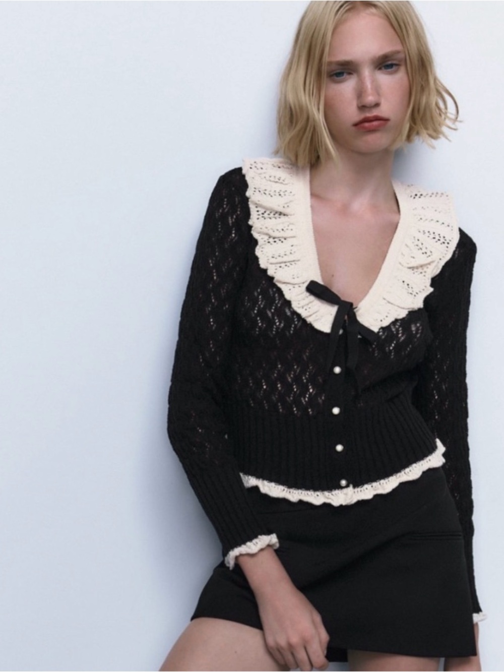 Zara Black Crochet Cardigan with Cream Ruffle Collar